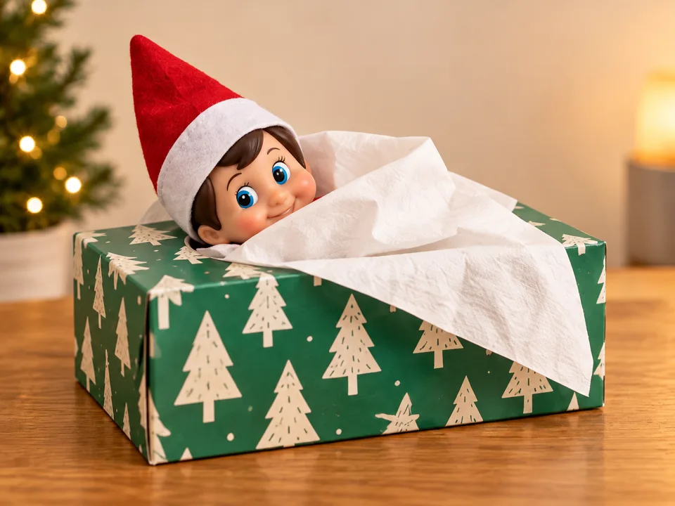 A red felt elf tucked into a tissue box under a tissue blanket